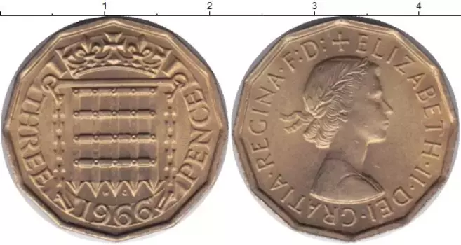 Монета 3 пенса Англии 1966 года Латунь Елизавета II