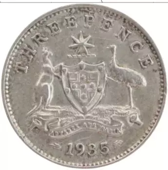 Монета 3 пенса Австралии 1935 года Серебро Георг V