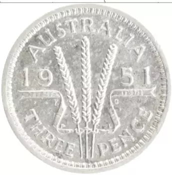 Монета 3 пенса Австралии 1951 года Серебро Георг VI