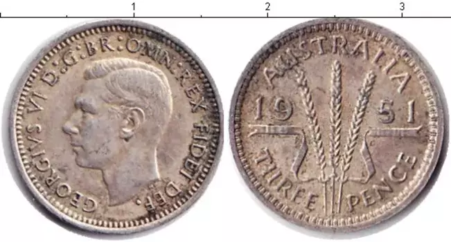 Монета 3 пенса Австралии 1951 года Серебро Георг VI