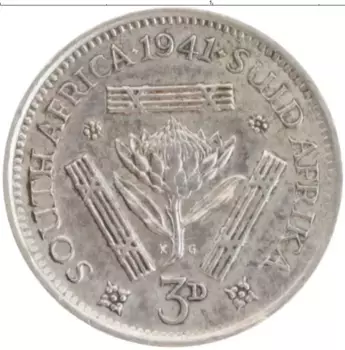 Монета 3 пенса Южно Африканской Республики 1941 года Серебро Георг VI