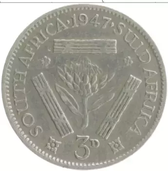 Монета 3 пенса Южно Африканской Республики 1947 года Серебро Георг VI