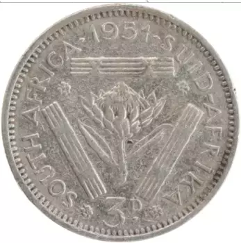 Монета 3 пенса Южно Африканской Республики 1951 года Серебро Георг VI