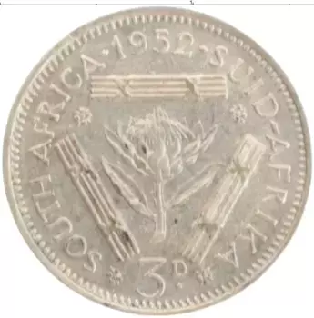 Монета 3 пенса Южно Африканской Республики 1952 года Серебро Георг VI