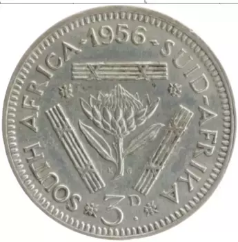 Монета 3 пенса Южно Африканской Республики 1956 года Серебро Елизавета II