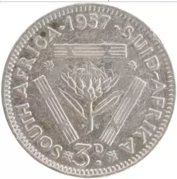 Монета 3 пенса Южно Африканской Республики 1957 года Серебро Елизавета II
