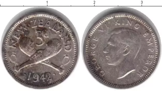 Монета 3 пенса Новой Зеландии 1942 года Серебро Георг VI