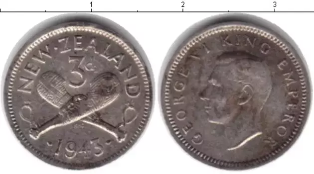 Монета 3 пенса Новой Зеландии 1943 года Серебро Георг VI