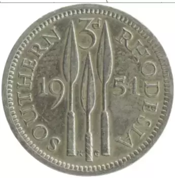 Монета 3 пенса Родезии 1951 года Медно-никель Георг VI