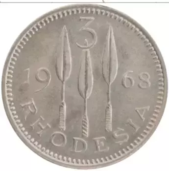 Монета 3 пенса Родезии 1968 года Медно-никель