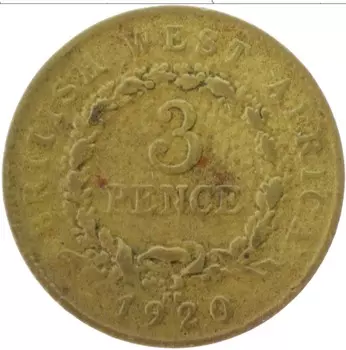 Монета 3 пенса Западной Африки 1920 года Латунь Георг V