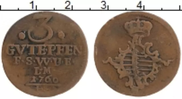 Монета 3 пфеннига 1760 года Медь
