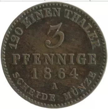 Монета 3 пфеннига Анхальт-Бернбурга 1864 года Медь А