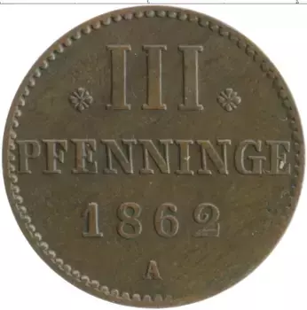Монета 3 пфеннига Мекленбург-Стрелитца 1862 года Медь А