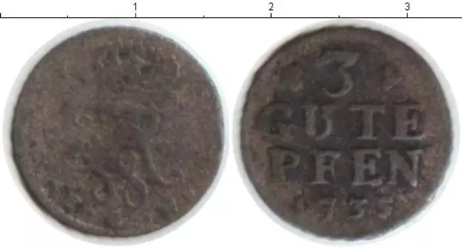 Монета 3 пфеннига Пруссии 1735 года Медь