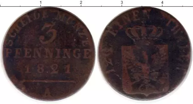 Монета 3 пфеннига Пруссии 1821 года Медь А