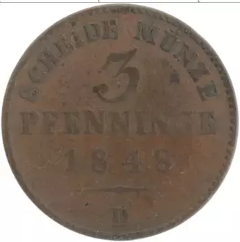 Монета 3 пфеннига Пруссии 1848 года Медь D