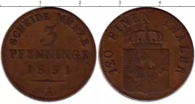 Монета 3 пфеннига Пруссии 1851 года Медь А