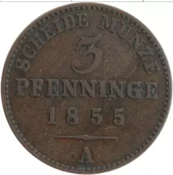 Монета 3 пфеннига Пруссии 1855 года Медь А