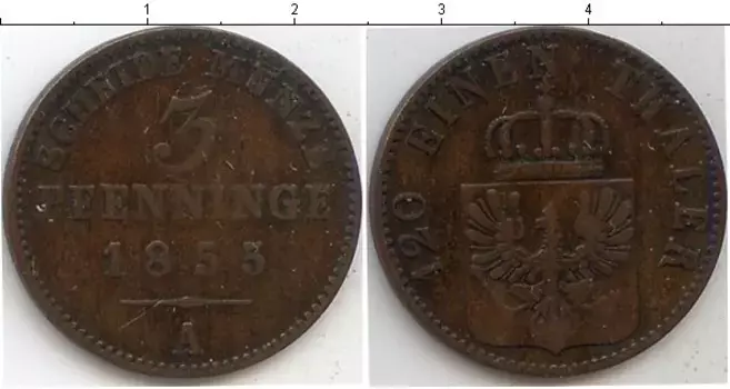 Монета 3 пфеннига Пруссии 1855 года Медь А