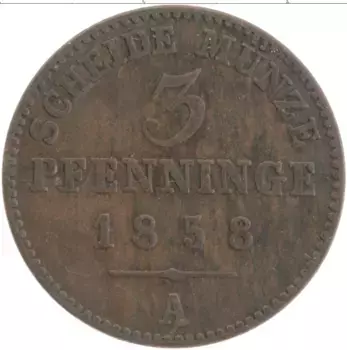 Монета 3 пфеннига Пруссии 1858 года Медь А