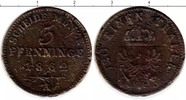 Монета 3 пфеннига Пруссии 1862 года Медь А