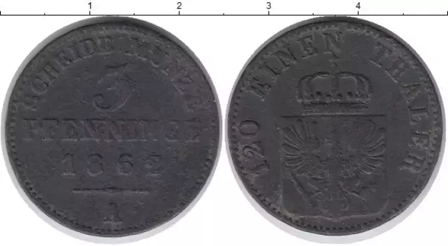 Монета 3 пфеннига Пруссии 1862 года Медь А