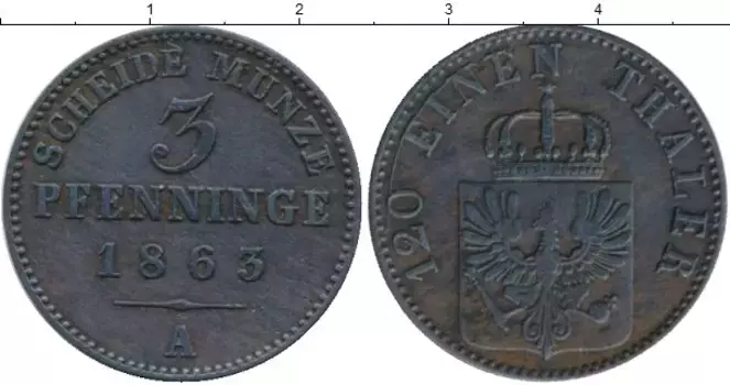 Монета 3 пфеннига Пруссии 1863 года Медь А