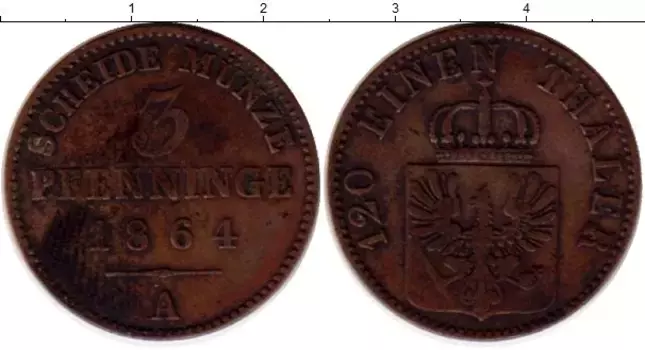 Монета 3 пфеннига Пруссии 1864 года Медь А