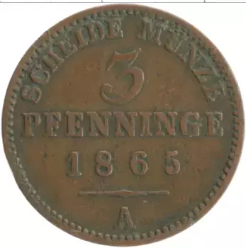 Монета 3 пфеннига Пруссии 1865 года Медь А
