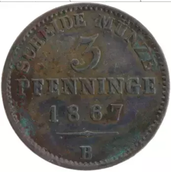 Монета 3 пфеннига Пруссии 1867 года Медь В