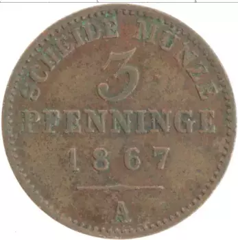 Монета 3 пфеннига Пруссии 1867 года Медь А