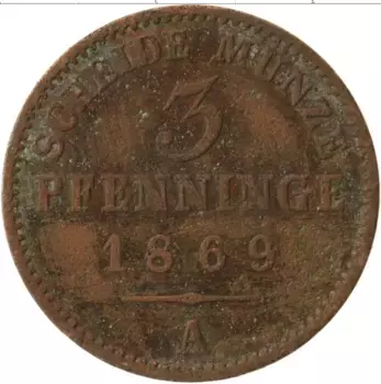Монета 3 пфеннига Пруссии 1869 года Медь А