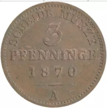 Монета 3 пфеннига Пруссии 1870 года Медь А