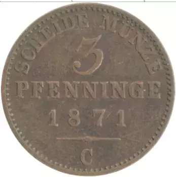 Монета 3 пфеннига Пруссии 1871 года Медь С