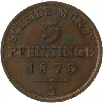 Монета 3 пфеннига Пруссии 1873 года Медь А