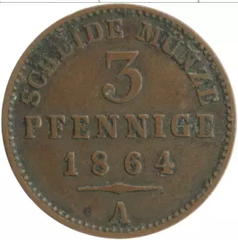 Монета 3 пфеннига Рейсс-Шляйца 1864 года Медь А