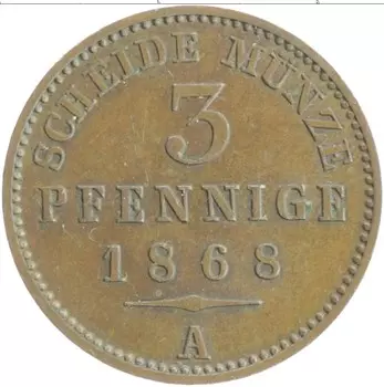 Монета 3 пфеннига Рейсс-Шляйца 1868 года Медь A