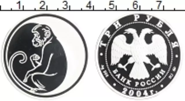 Монета 3 рубля России 2004 года Серебро Год Обезьяны