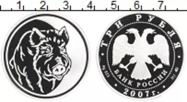 Монета 3 рубля России 2007 года Серебро Год Свиньи