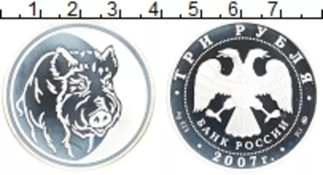 Монета 3 рубля России 2007 года Серебро Год Свиньи