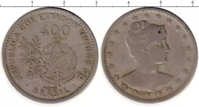 Монета 400 рейс Бразилии 1901 года Медно-никель