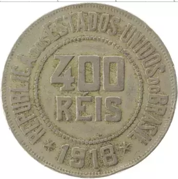 Монета 400 рейс Бразилии 1918 года Медно-никель