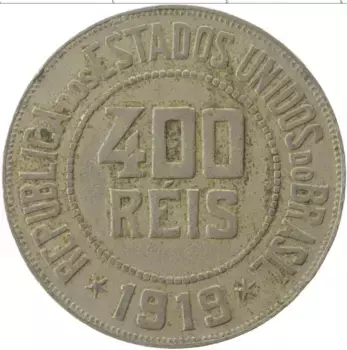 Монета 400 рейс Бразилии 1919 года Медно-никель
