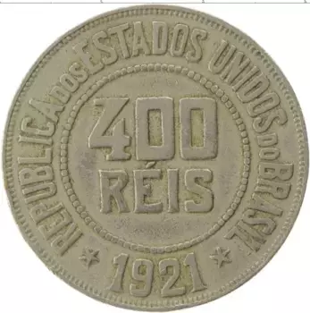 Монета 400 рейс Бразилии 1921 года Медно-никель