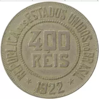 Монета 400 рейс Бразилии 1922 года Медно-никель
