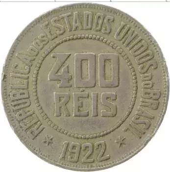 Монета 400 рейс Бразилии 1922 года Медно-никель