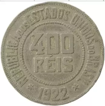 Монета 400 рейс Бразилии 1922 года Медно-никель
