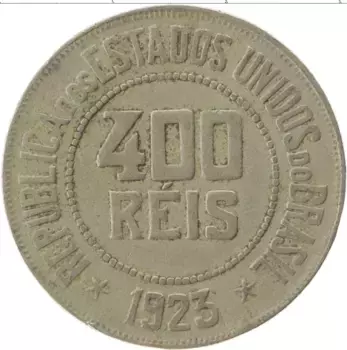 Монета 400 рейс Бразилии 1923 года Медно-никель