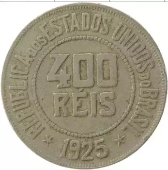 Монета 400 рейс Бразилии 1925 года Медно-никель